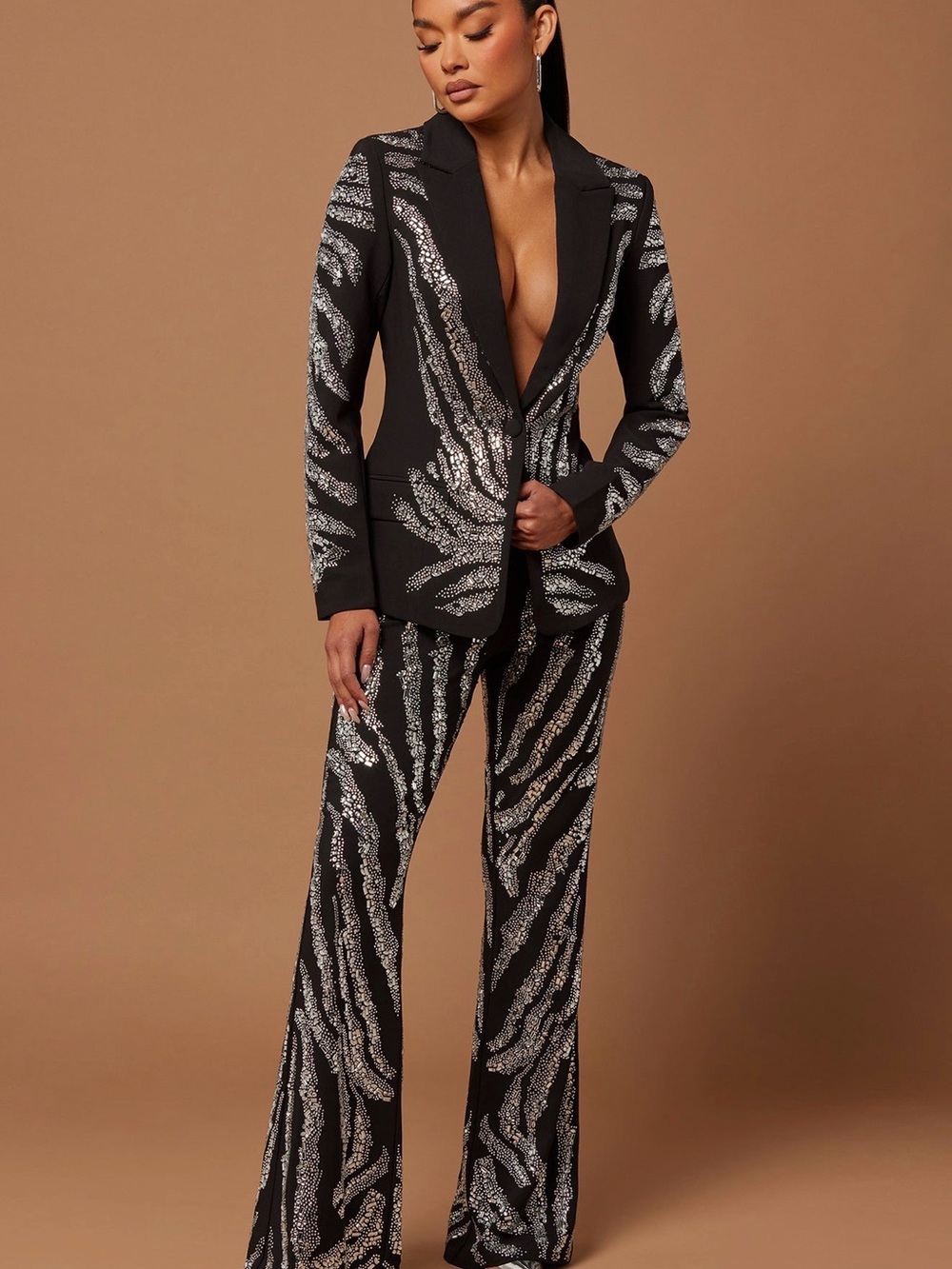 Embellished Black Sequin Zebra Blazer & Pants Set